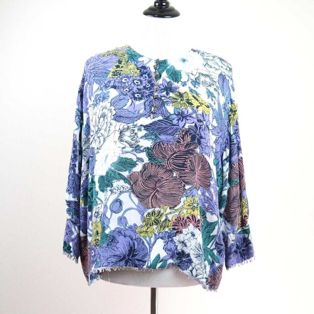 Anthropologie Maeve Size M Popover Blouse 3/4 Sleeve Fray Edge Floral - Picture 2 of 10